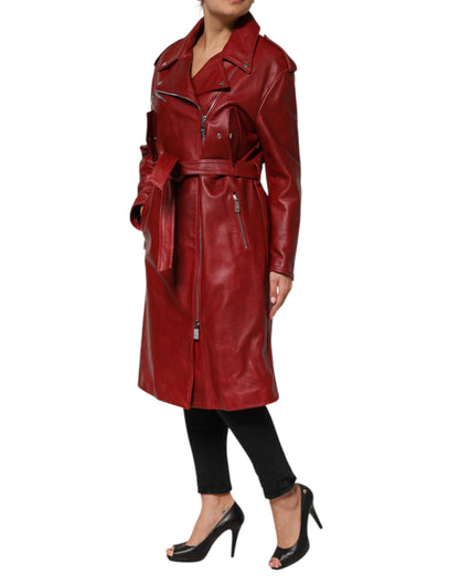 Dolce &amp; Gabbana Red Leather Belted Full Zip Trench Coat Jacket