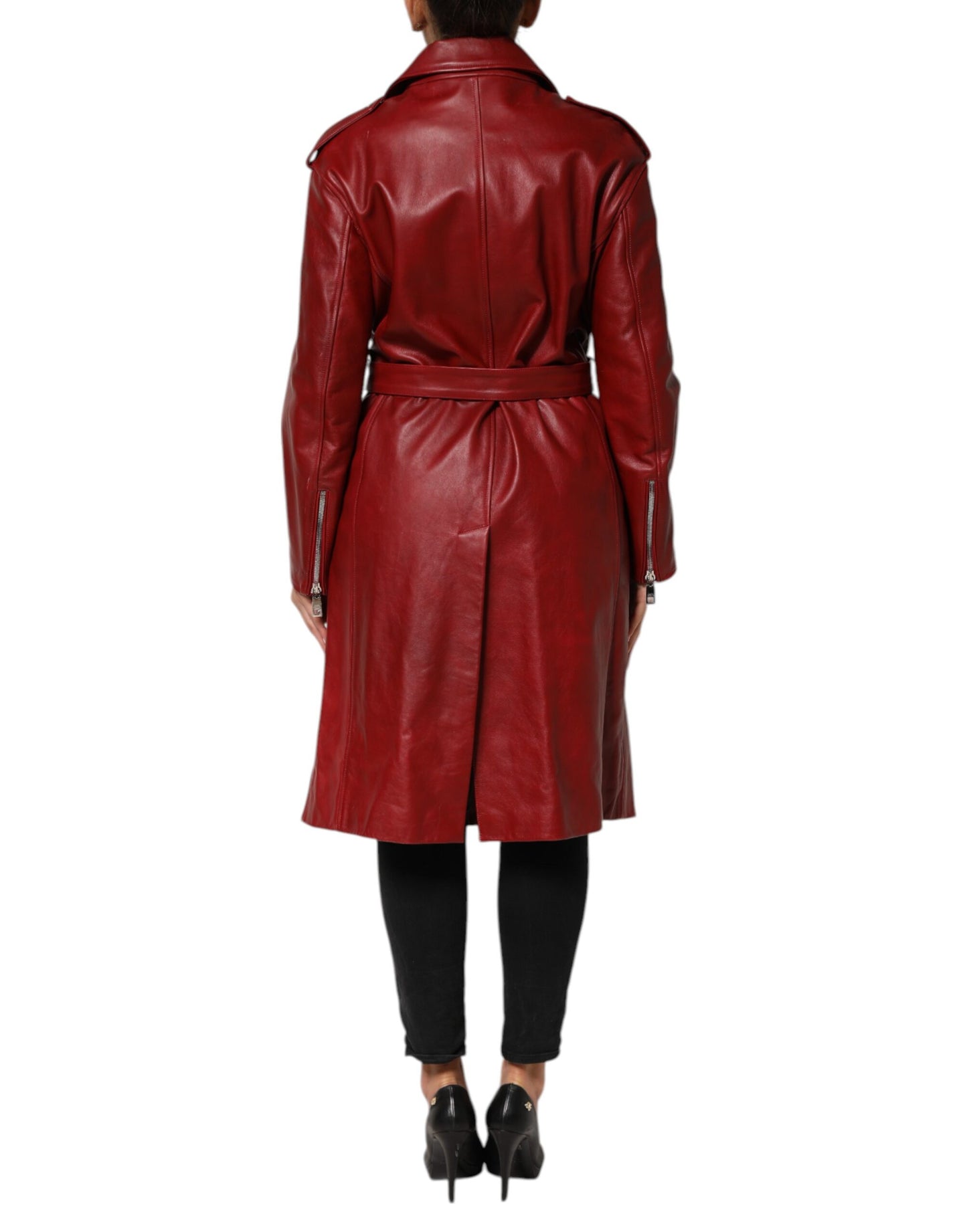 Dolce &amp; Gabbana Red Leather Belted Full Zip Trench Coat Jacket