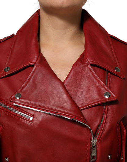 Dolce &amp; Gabbana Red Leather Belted Full Zip Trench Coat Jacket