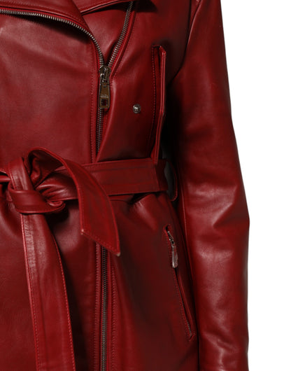 Dolce &amp; Gabbana Red Leather Belted Full Zip Trench Coat Jacket