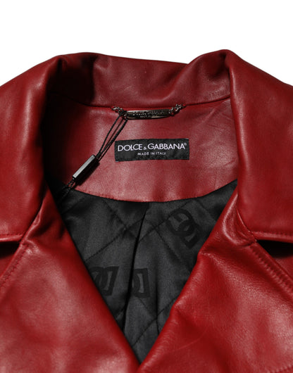 Dolce &amp; Gabbana Red Leather Belted Full Zip Trench Coat Jacket