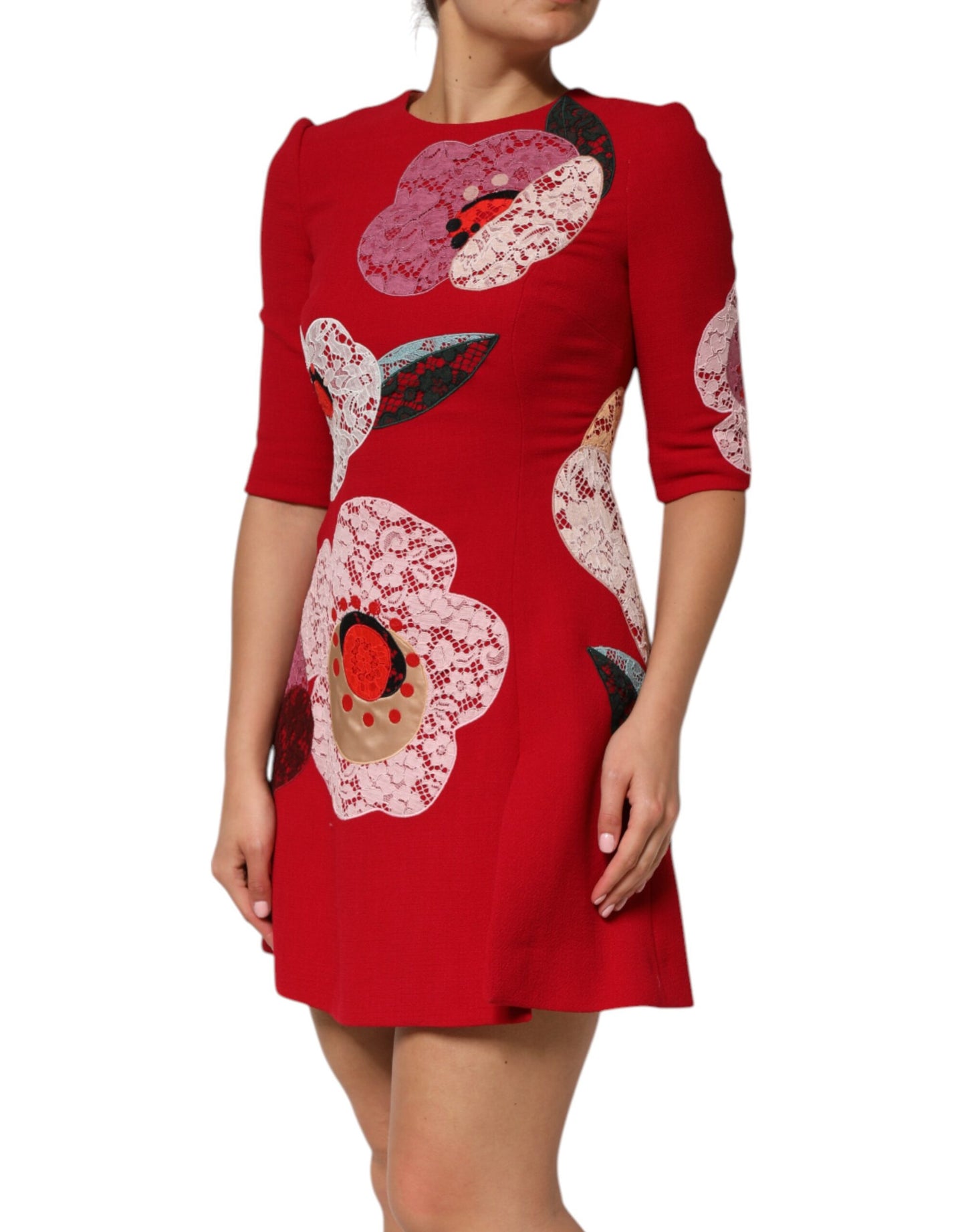 Dolce &amp; Gabbana Red Lace Floral Applique A-line Mini Dress