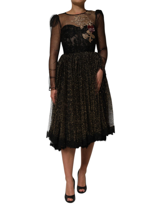 Dolce &amp; Gabbana Black Crystal Heart Embellished A-line Dress