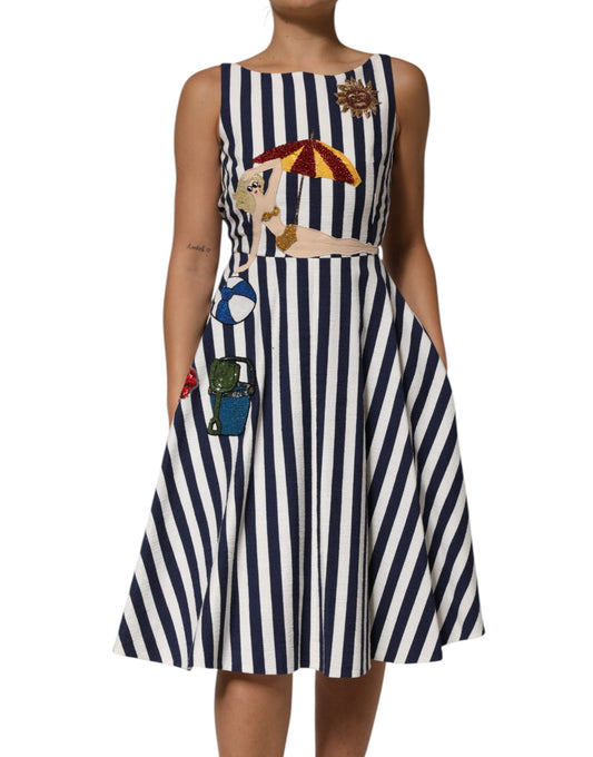 Dolce &amp; Gabbana Blue White Striped Embroidered A-line Dress