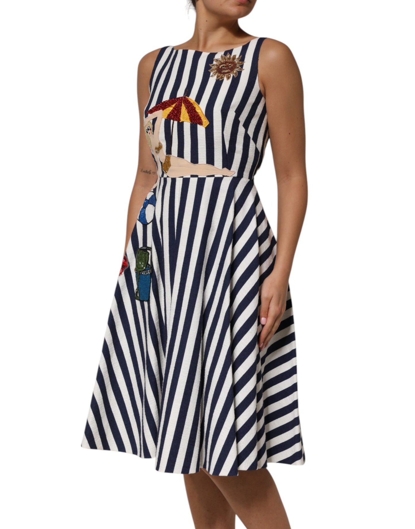 Dolce &amp; Gabbana Blue White Striped Embroidered A-line Dress