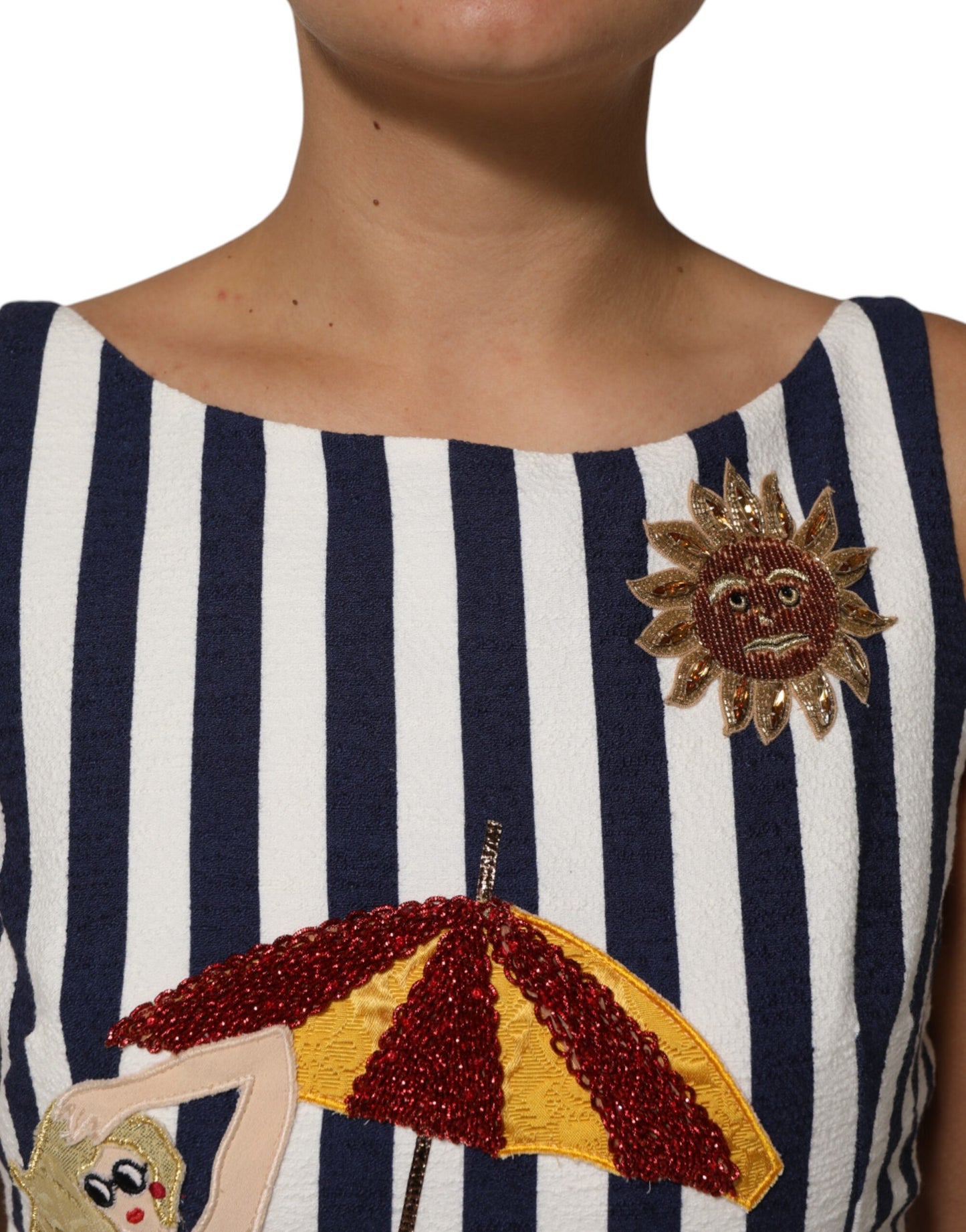 Dolce &amp; Gabbana Blue White Striped Embroidered A-line Dress