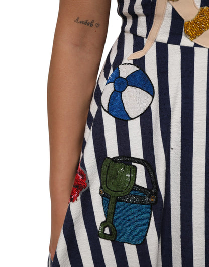 Dolce &amp; Gabbana Blue White Striped Embroidered A-line Dress