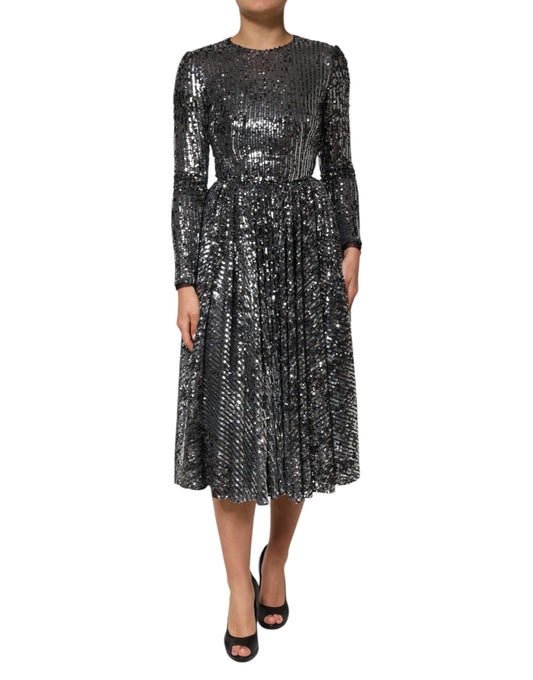 Dolce &amp; Gabbana Black Sequined Long Sleeves Midi A-line Dress