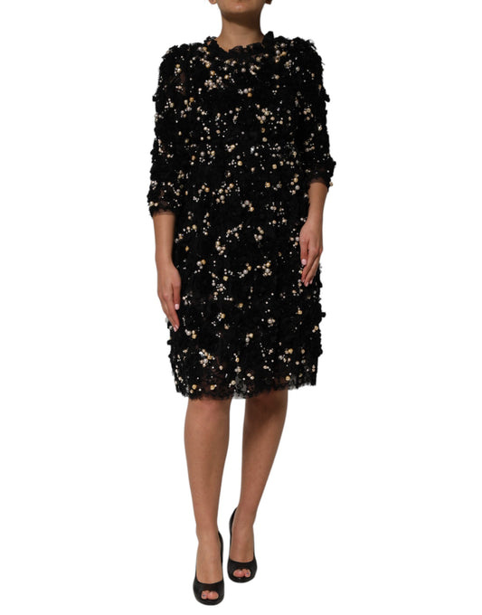 Dolce &amp; Gabbana Black Viscose Pearl Embellishment Shift Dress