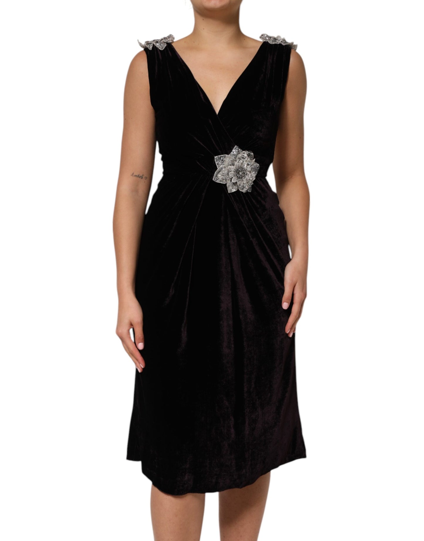 Dolce &amp; Gabbana Black Velvet Flower Embellishment Aline Dress