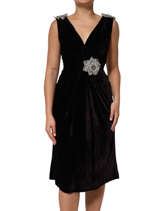 Dolce &amp; Gabbana Black Velvet Flower Embellishment Aline Dress