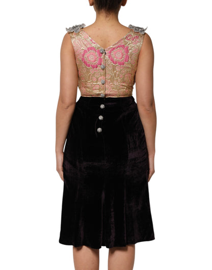 Dolce &amp; Gabbana Black Velvet Flower Embellishment Aline Dress