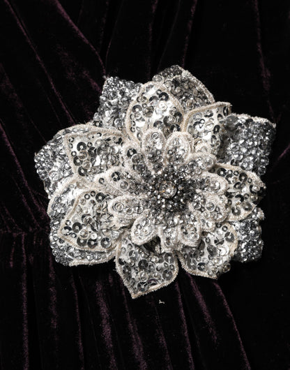 Dolce &amp; Gabbana Black Velvet Flower Embellishment Aline Dress