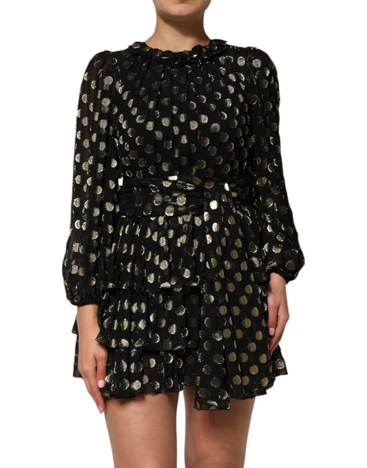 Dolce &amp; Gabbana Black Gold Polka Dot Silk Brocade Mini Dress
