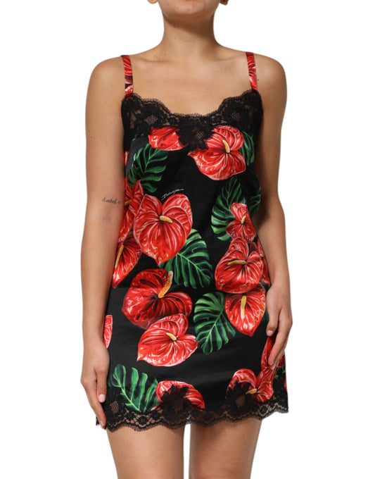 Dolce &amp; Gabbana Black Floral Lace Trim Chemise Lingerie Dress