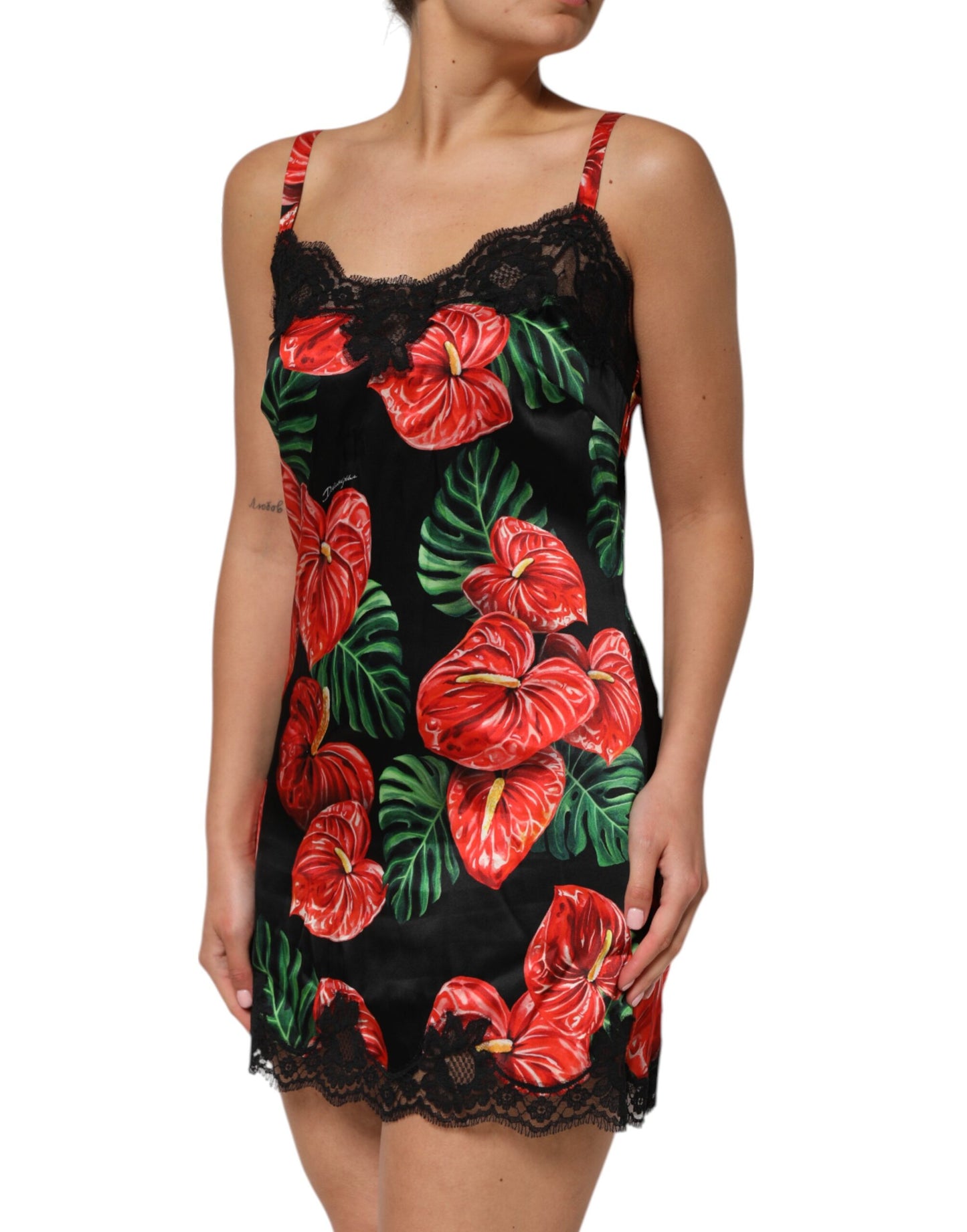 Dolce &amp; Gabbana Black Floral Lace Trim Chemise Lingerie Dress