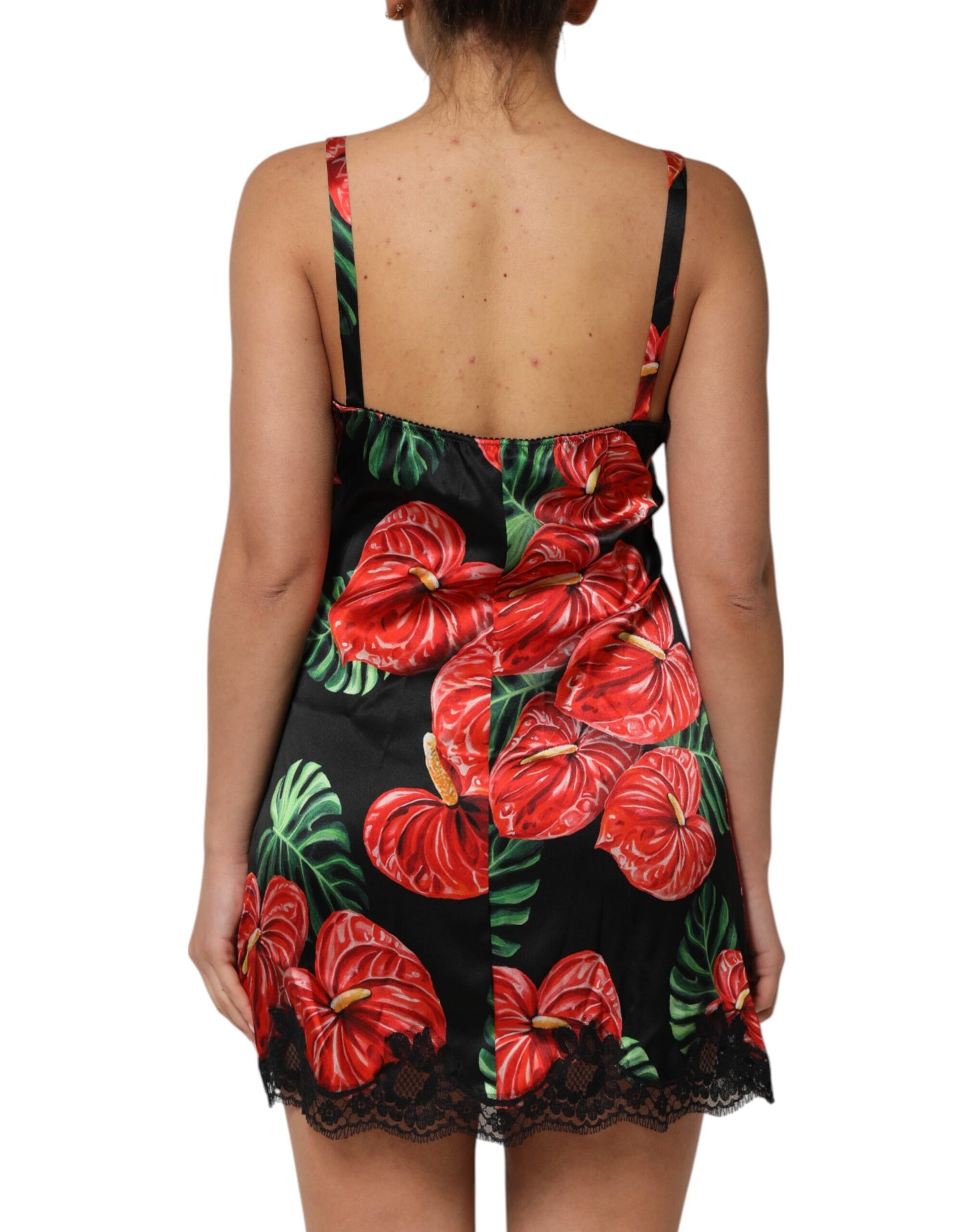 Dolce &amp; Gabbana Black Floral Lace Trim Chemise Lingerie Dress