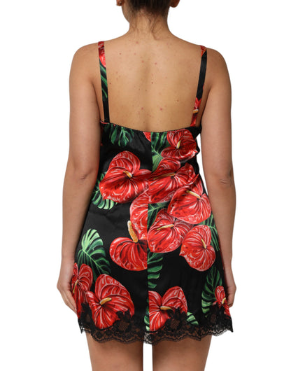 Dolce &amp; Gabbana Black Floral Lace Trim Chemise Lingerie Dress
