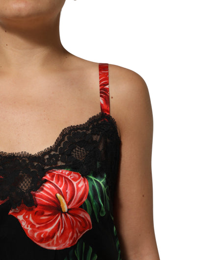 Dolce &amp; Gabbana Black Floral Lace Trim Chemise Lingerie Dress