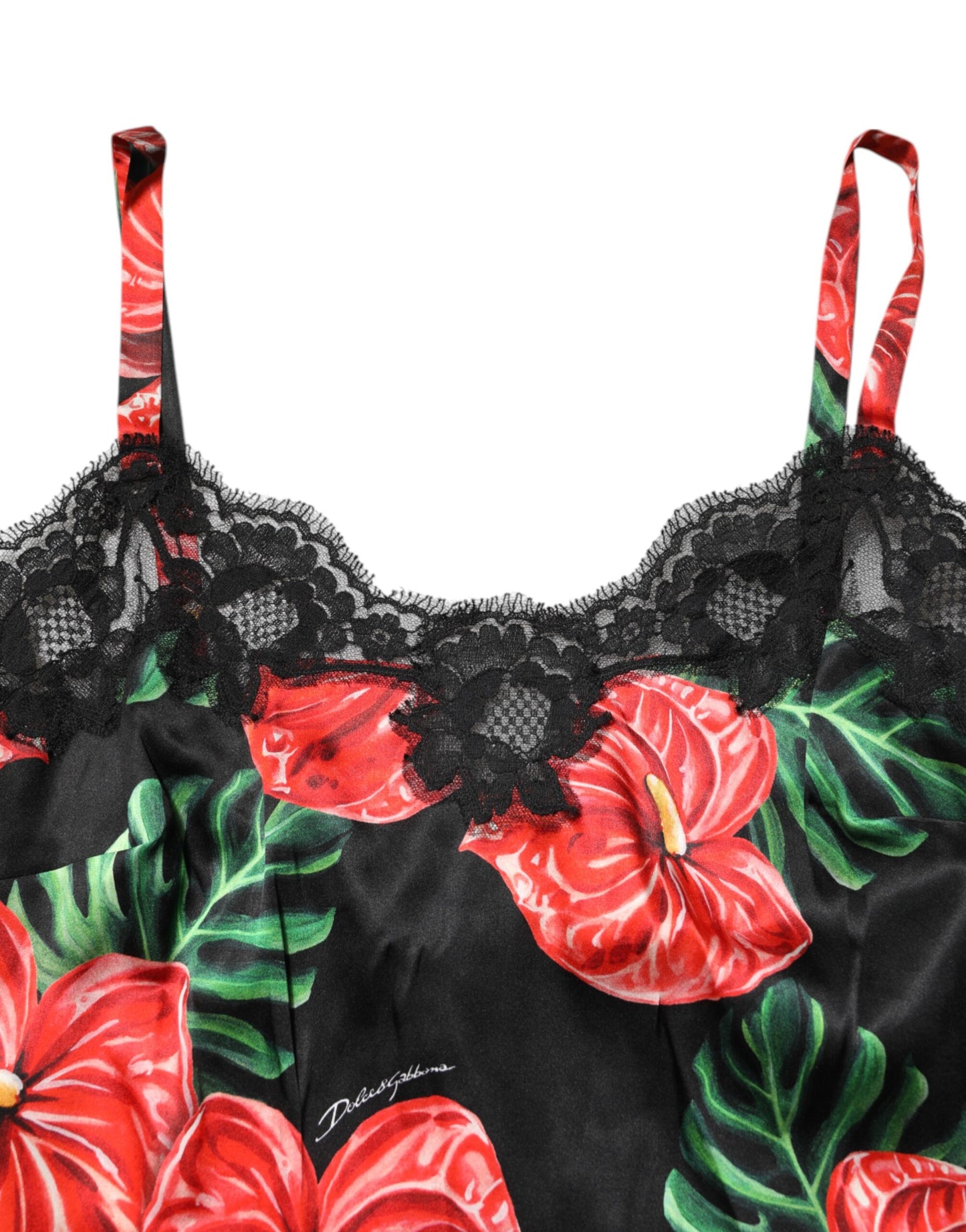 Dolce &amp; Gabbana Black Floral Lace Trim Chemise Lingerie Dress