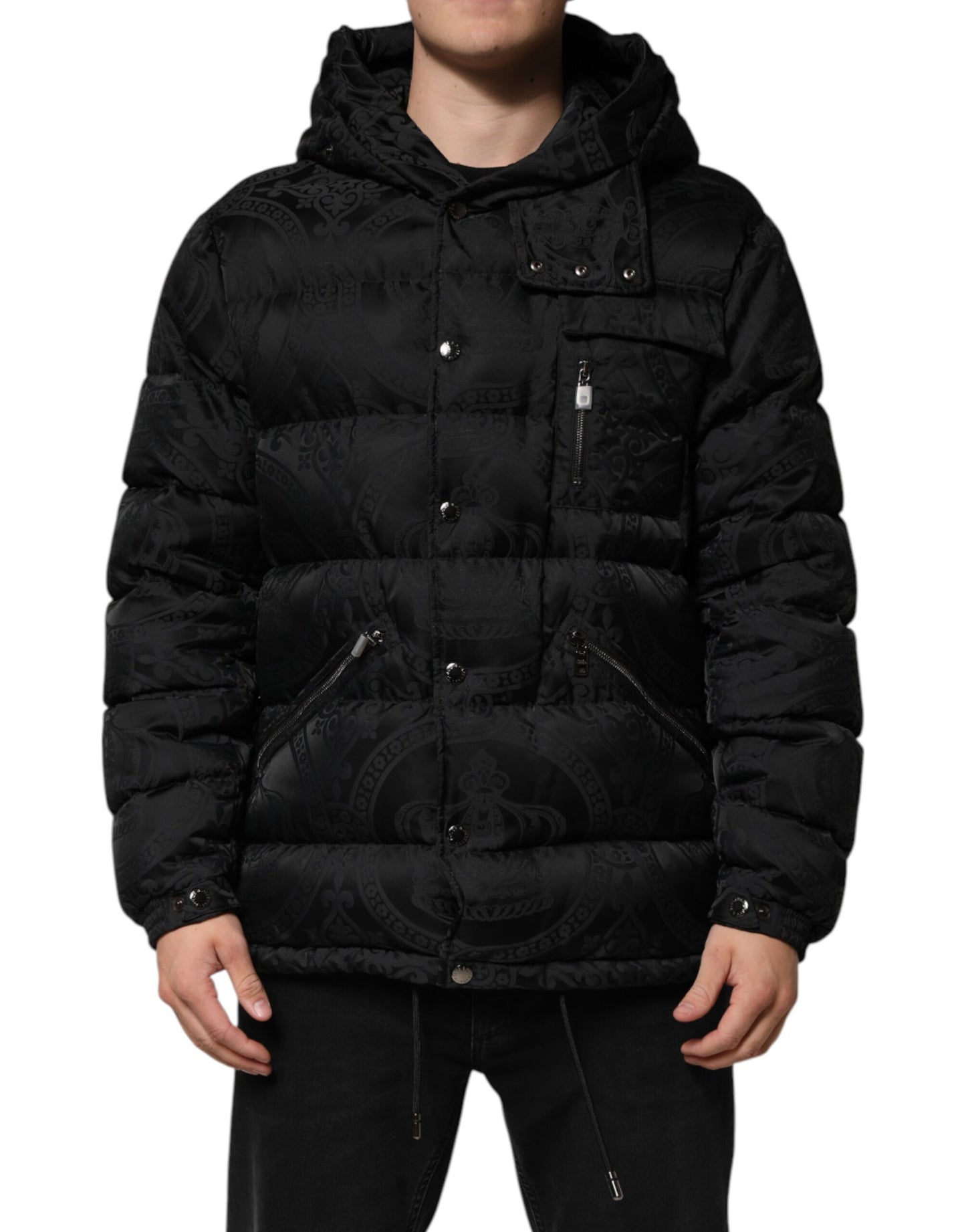 Dolce &amp; Gabbana Black Jacquard Quilted Puffer Hooded Jacket