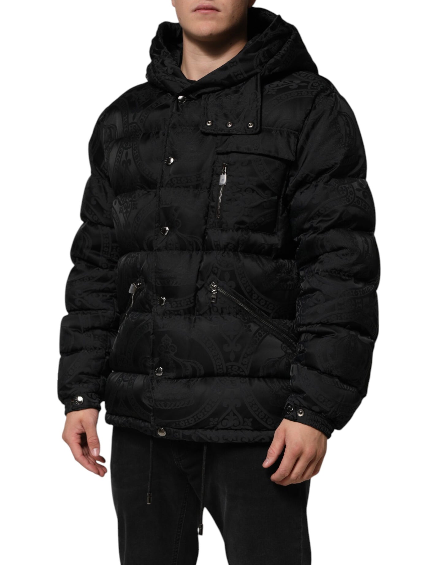 Dolce &amp; Gabbana Black Jacquard Quilted Puffer Hooded Jacket
