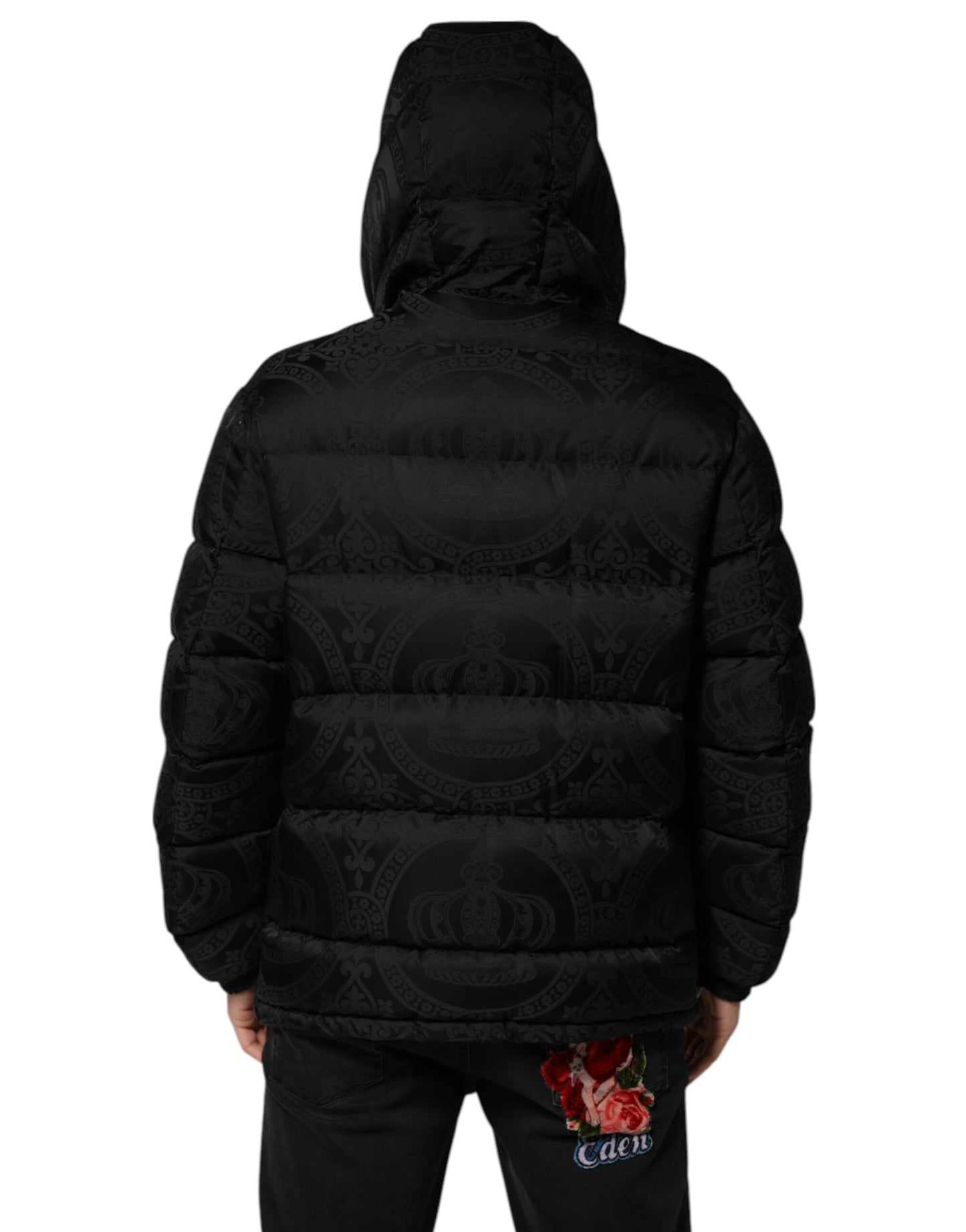 Dolce &amp; Gabbana Black Jacquard Quilted Puffer Hooded Jacket