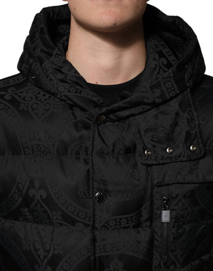 Dolce &amp; Gabbana Black Jacquard Quilted Puffer Hooded Jacket