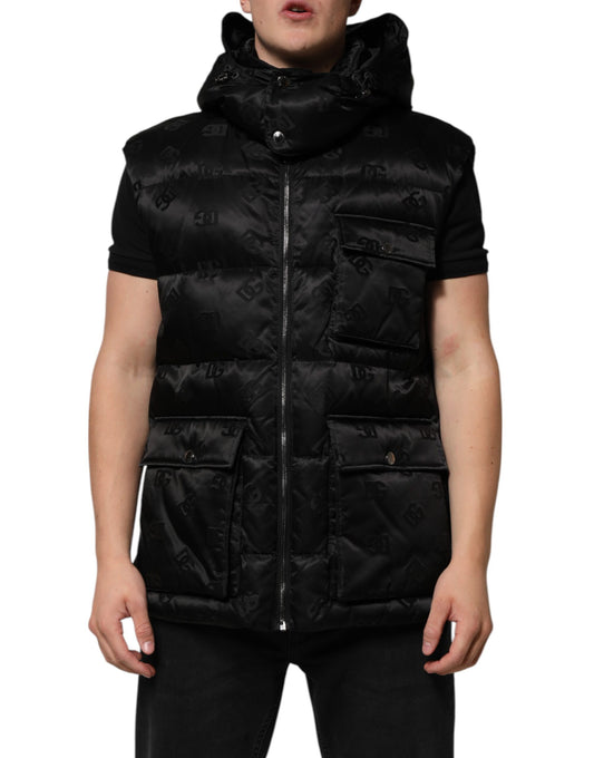 Dolce &amp; Gabbana Black Quilted Sleeveless Hooded Vest Jacket