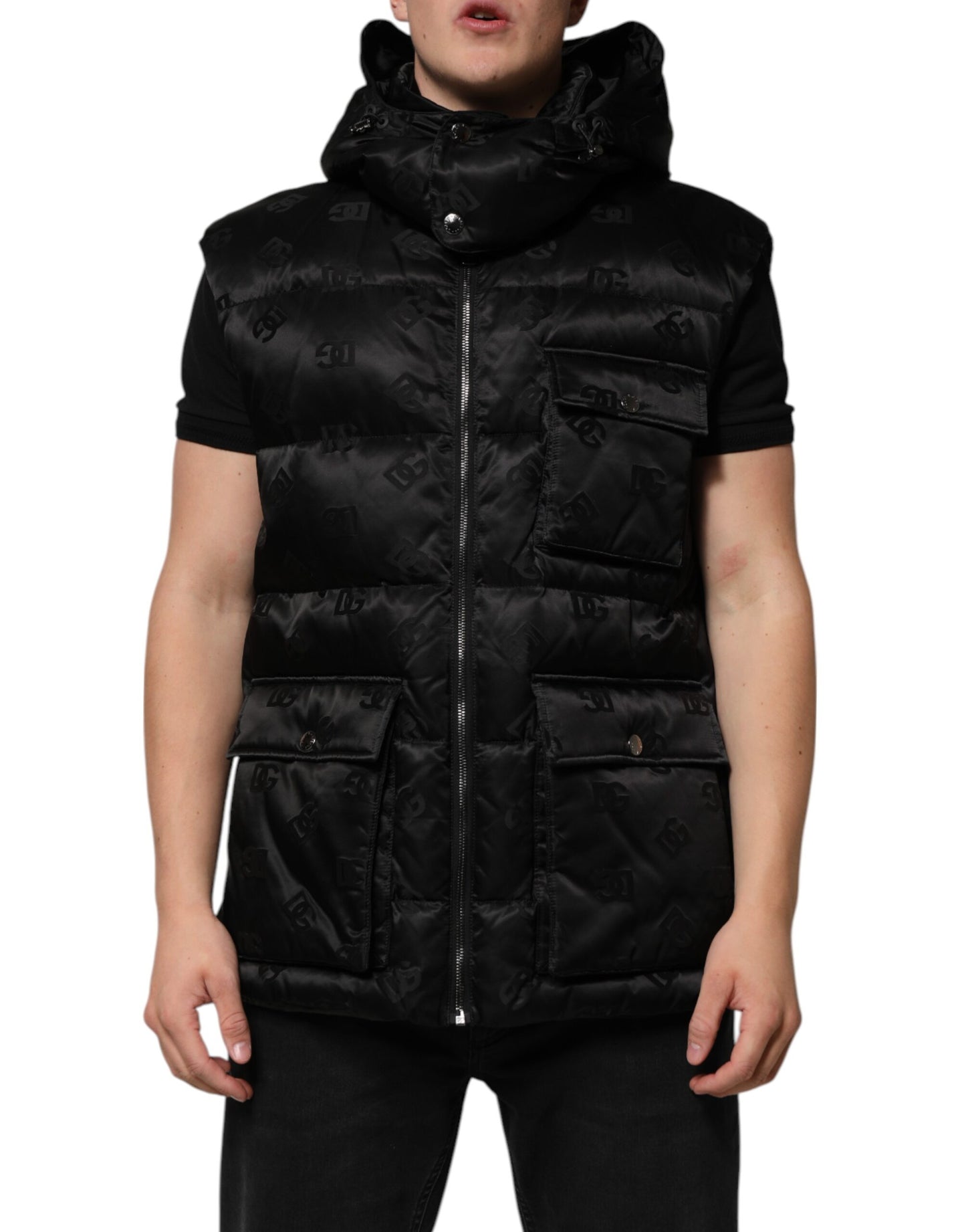 Dolce &amp; Gabbana Black Quilted Sleeveless Hooded Vest Jacket