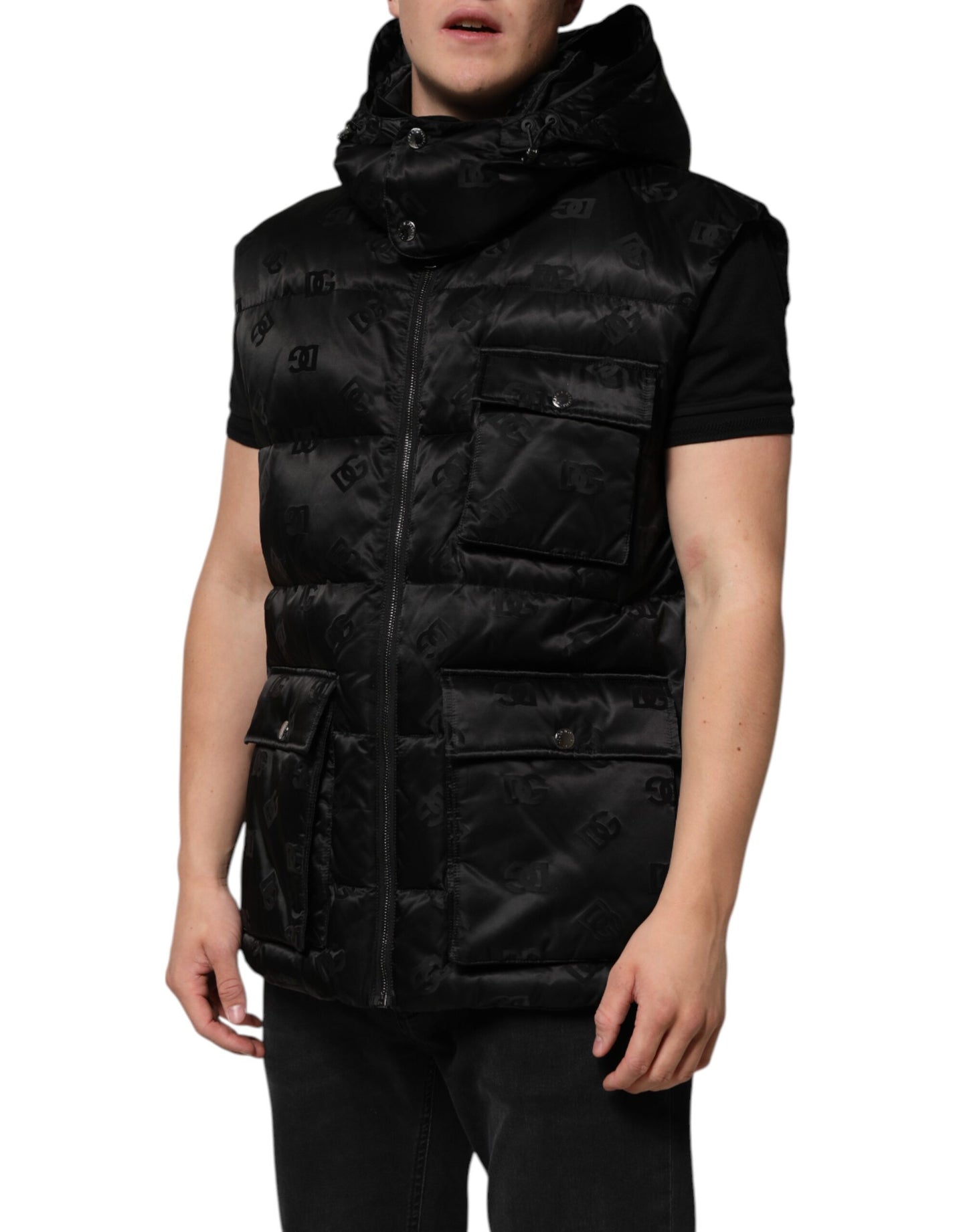 Dolce &amp; Gabbana Black Quilted Sleeveless Hooded Vest Jacket