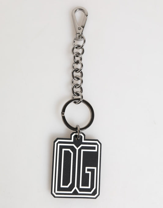 Dolce &amp; Gabbana Black White DG Rubber Logo Silver Men Keychain Keyring