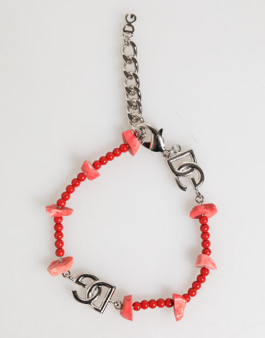 Dolce &amp; Gabbana Silver Tone Brass Beaded Resin DG Logo Chain Men Bracelet