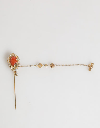 Dolce &amp; Gabbana Gold Brass Crystal Chain 925 Sterling Silver Pin Brooch