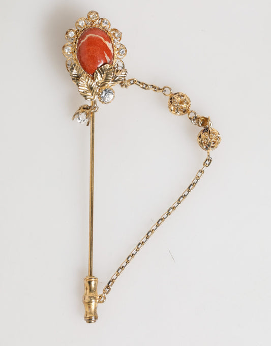 Dolce &amp; Gabbana Gold Brass Crystal Chain 925 Sterling Silver Pin Brooch