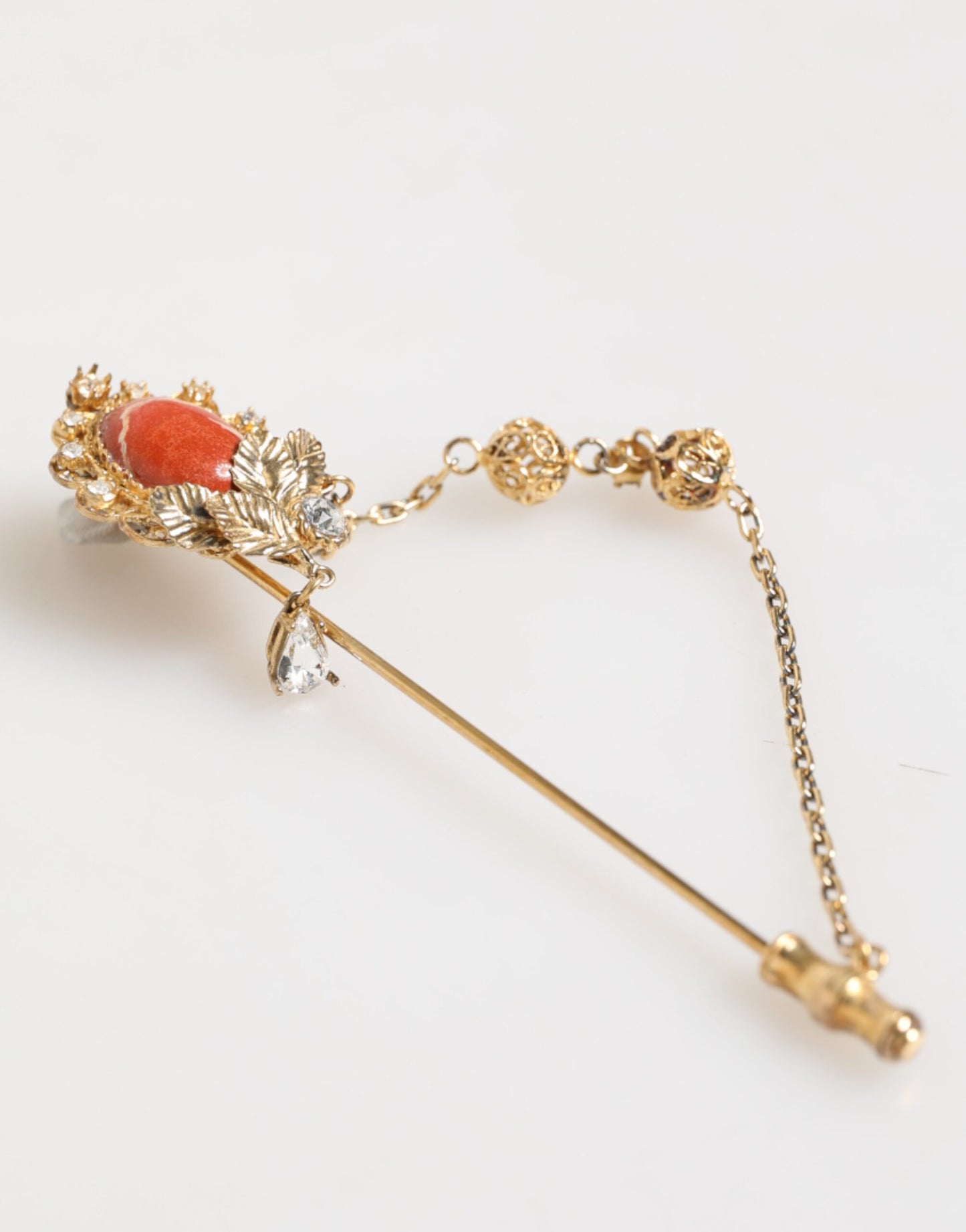 Dolce &amp; Gabbana Gold Brass Crystal Chain 925 Sterling Silver Pin Brooch