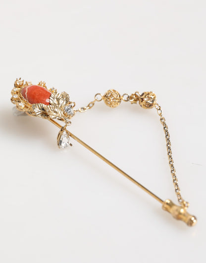Dolce &amp; Gabbana Gold Brass Crystal Chain 925 Sterling Silver Pin Brooch