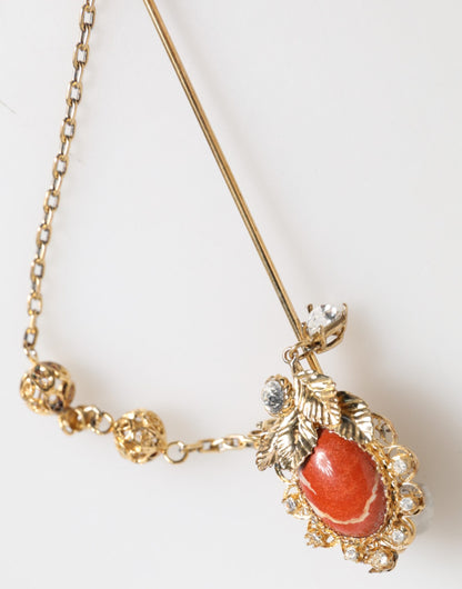 Dolce &amp; Gabbana Gold Brass Crystal Chain 925 Sterling Silver Pin Brooch