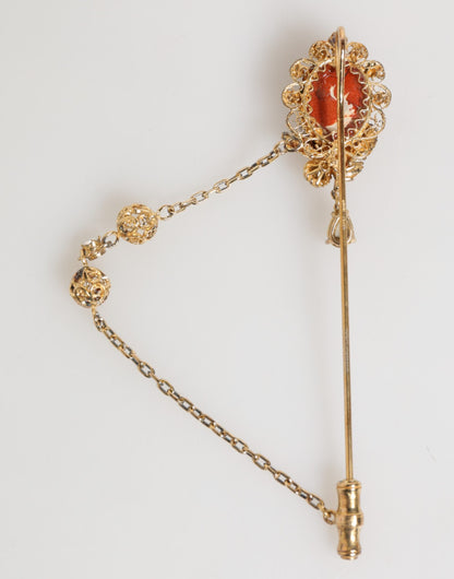 Dolce &amp; Gabbana Gold Brass Crystal Chain 925 Sterling Silver Pin Brooch