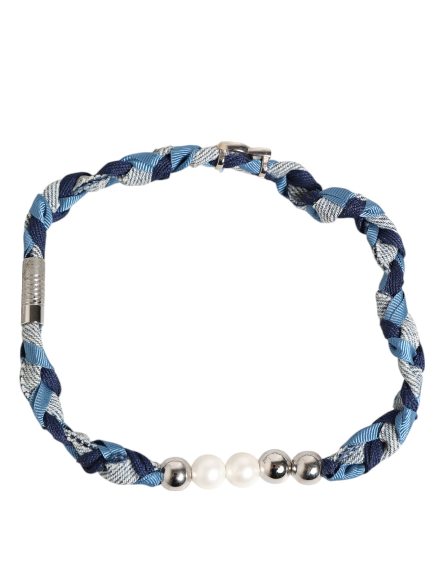 Dolce &amp; Gabbana Blue White Braided Silver Metal Logo Beaded Men Bracelet