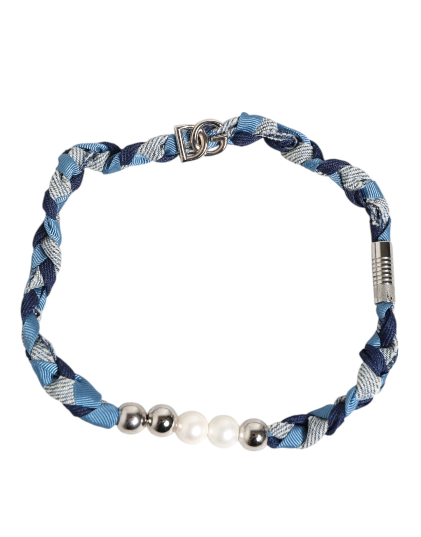 Dolce &amp; Gabbana Blue White Braided Silver Metal Logo Beaded Men Bracelet