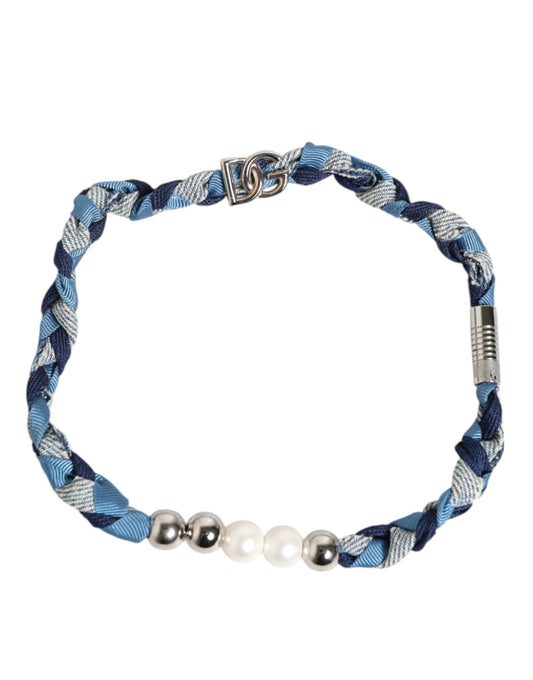 Dolce &amp; Gabbana Blue White Braided Silver Metal Logo Beaded Men Bracelet