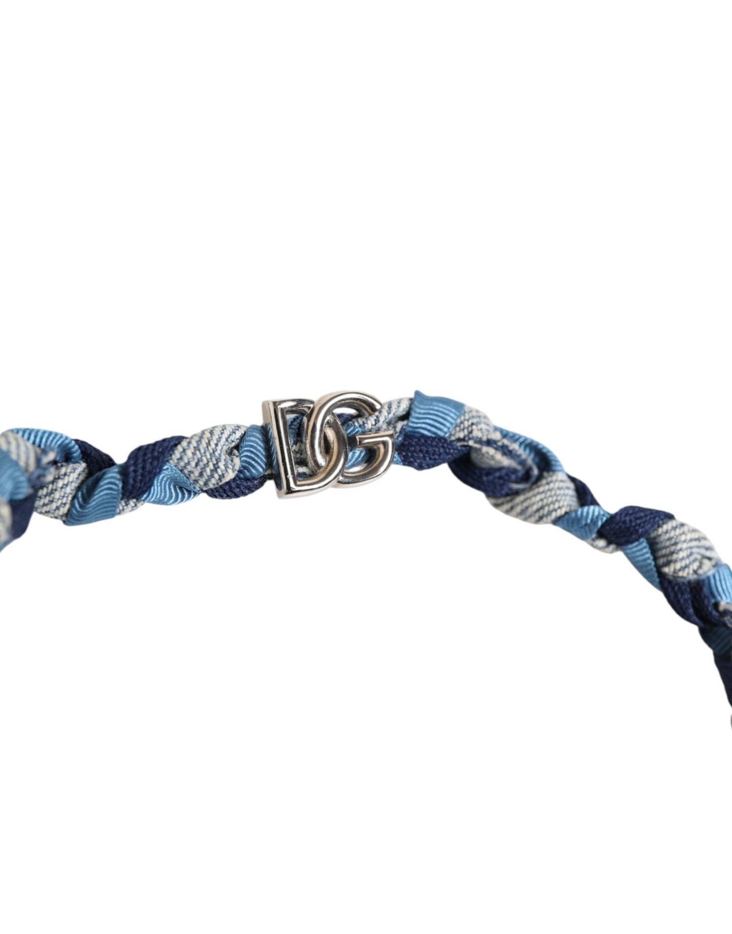 Dolce &amp; Gabbana Blue White Braided Silver Metal Logo Beaded Men Bracelet