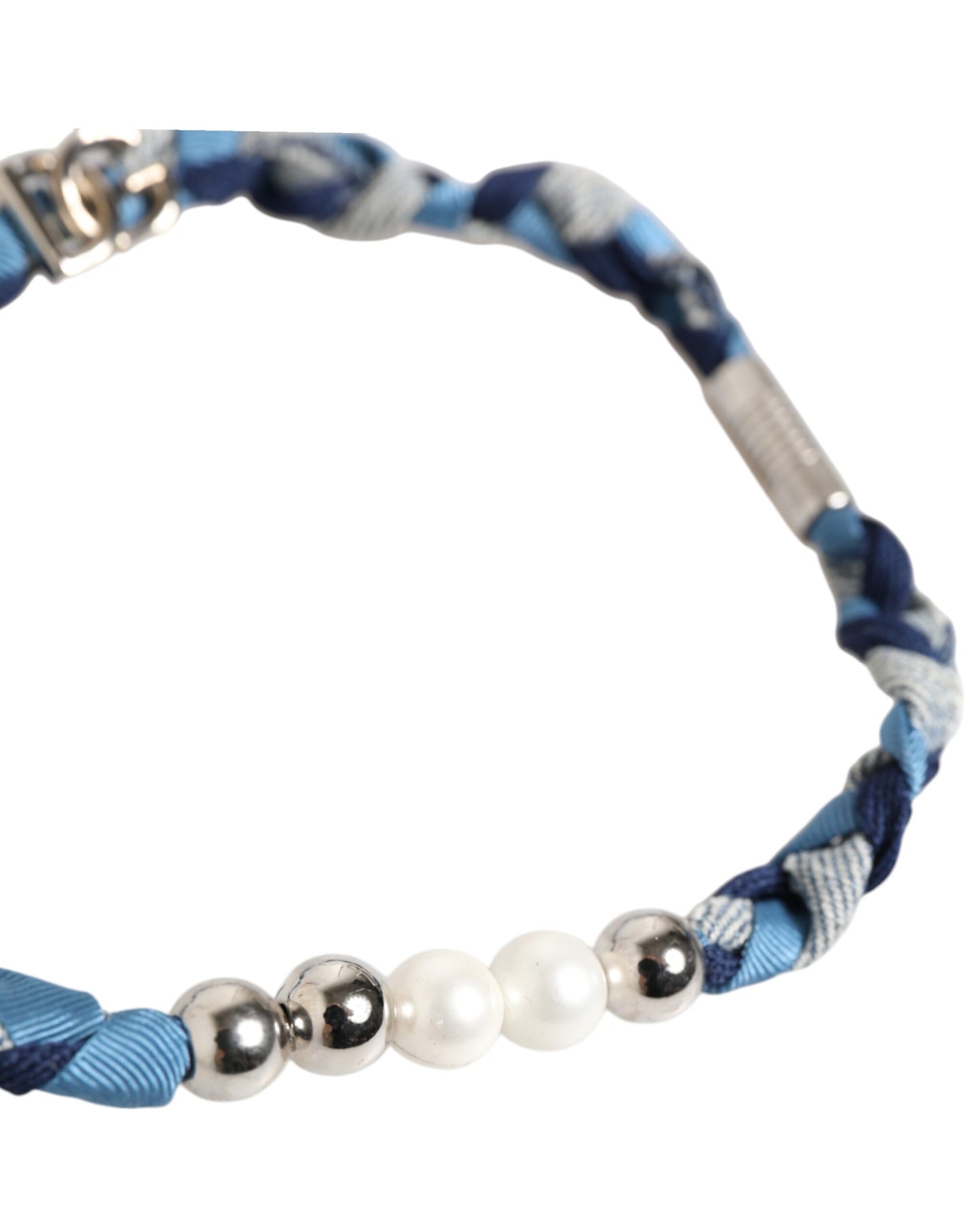 Dolce &amp; Gabbana Blue White Braided Silver Metal Logo Beaded Men Bracelet