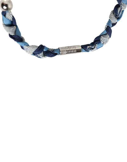 Dolce &amp; Gabbana Blue White Braided Silver Metal Logo Beaded Men Bracelet