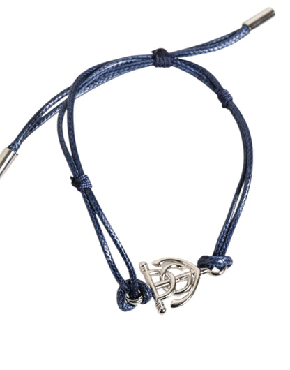 Dolce &amp; Gabbana Silver Tone Brass DG Logo Blue Cord MARINA Men Bracelet