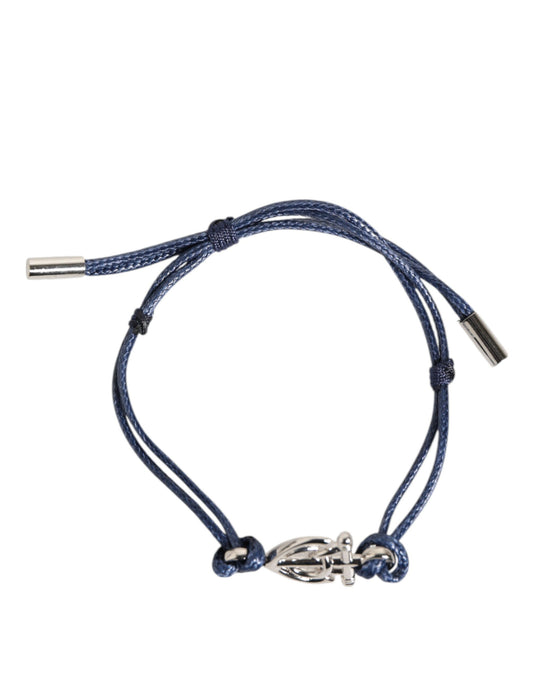 Dolce &amp; Gabbana Silver Tone Brass DG Logo Blue Cord MARINA Men Bracelet