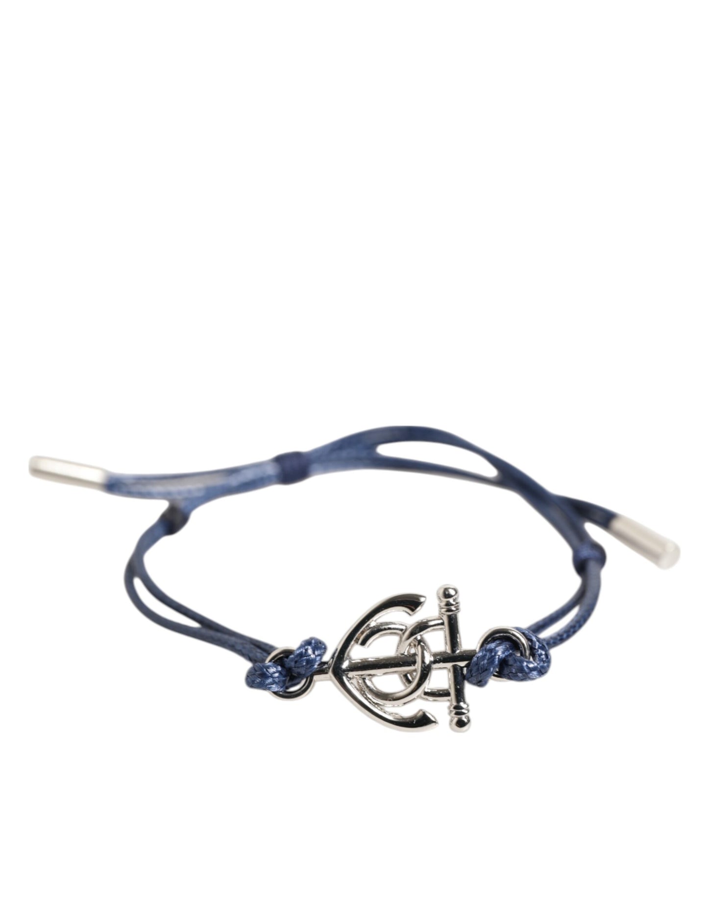Dolce &amp; Gabbana Silver Tone Brass DG Logo Blue Cord MARINA Men Bracelet