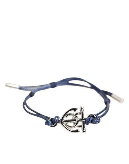 Dolce &amp; Gabbana Silver Tone Brass DG Logo Blue Cord MARINA Men Bracelet