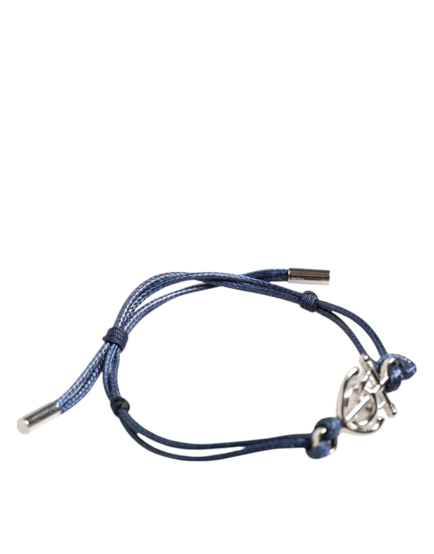 Dolce &amp; Gabbana Silver Tone Brass DG Logo Blue Cord MARINA Men Bracelet